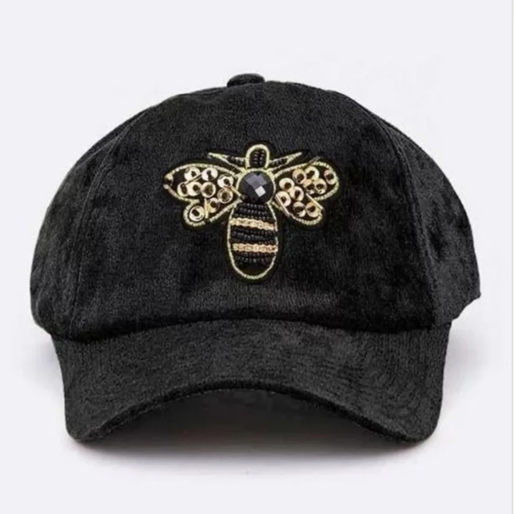 J. Elise Boutique Burgundy Golden Bee Patch Distressed Velour Velvet Fitted Cap
